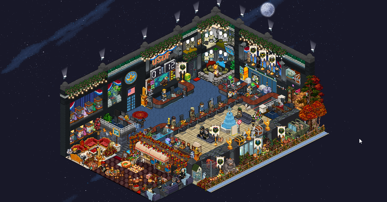 USDF Habbo headquarters with personnel stations, reception desks, a central fountain and landscaped grounds